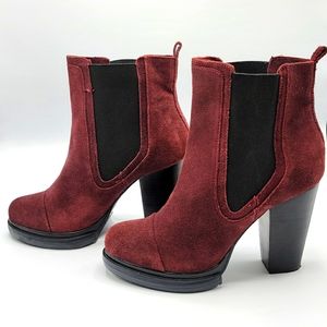 Burgundy Suede Pull on Booties w/elastic ankles.